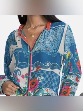 $298 Johnny Was MEDIUM Karla Button Up Print Shirt Long Sleeve *flaw